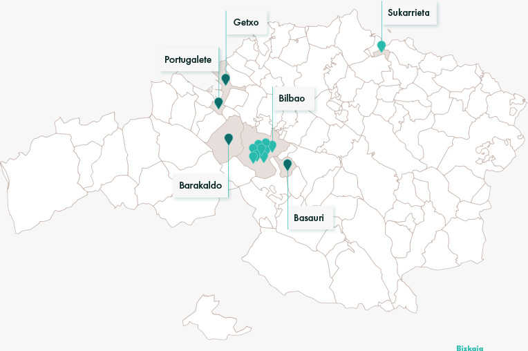 Imagen de un mapa de Bizkaia con las viviendas ubicadas de Bilbao Guest